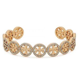 TORY BURCH Frozen Logo Cuff Bracelet Gold Tone with Crystals